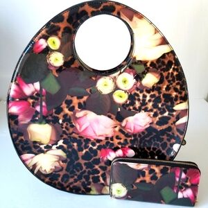 Leopard and Floral Print Oval Shoulder/Crossbody Purse and Wallet NWOT
